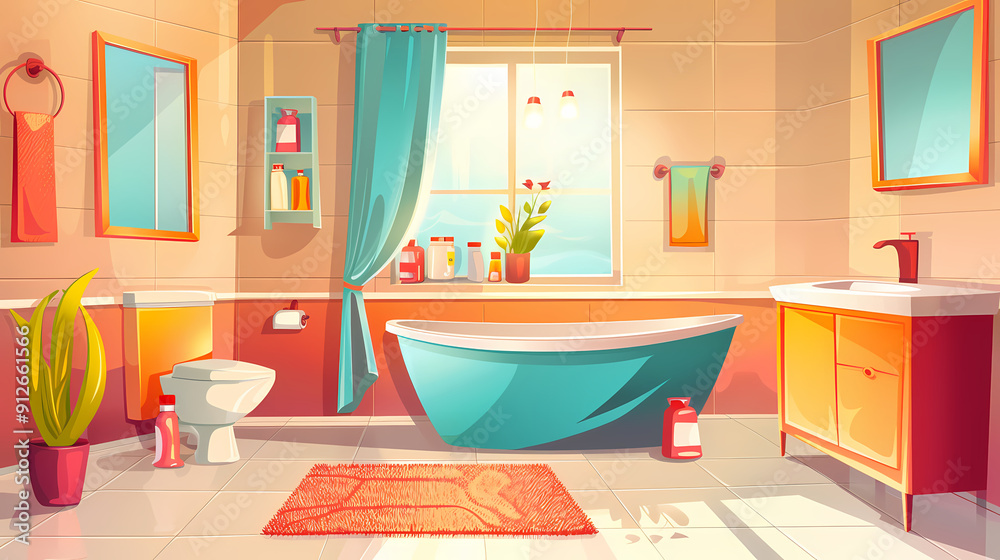 Bath room interior with bathtub and toilet bowl, cabinets and mirrors, cleaning products, and towels. Cartoon vector shower space with window and carpet on floor. Bath room interior with bathtub and toilet bowl, cabinets and mirrors, cleaning products, and towels. Cartoon vector shower space with window and carpet on floor.
