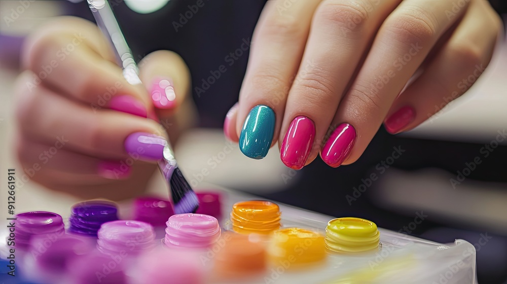 A nail technician carefully painting toenails with vibrant polish, in a modern, clean salon