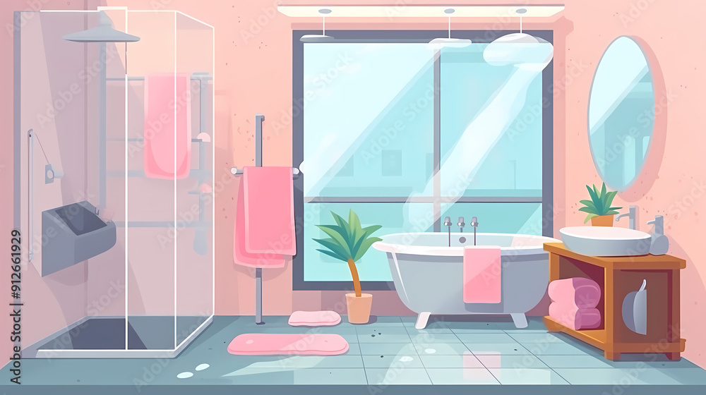 Bath room interior with bathtub and toilet bowl, cabinets and mirrors, cleaning products, and towels. Cartoon vector shower space with window and carpet on floor. Bath room interior with bathtub and toilet bowl, cabinets and mirrors, cleaning products, and towels. Cartoon vector shower space with window and carpet on floor.