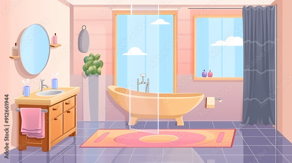 Bath room interior with bathtub and toilet bowl, cabinets and mirrors, cleaning products, and towels. Cartoon vector shower space with window and carpet on floor. Bath room interior with bathtub and toilet bowl, cabinets and mirrors, cleaning products, and towels. Cartoon vector shower space with window and carpet on floor.