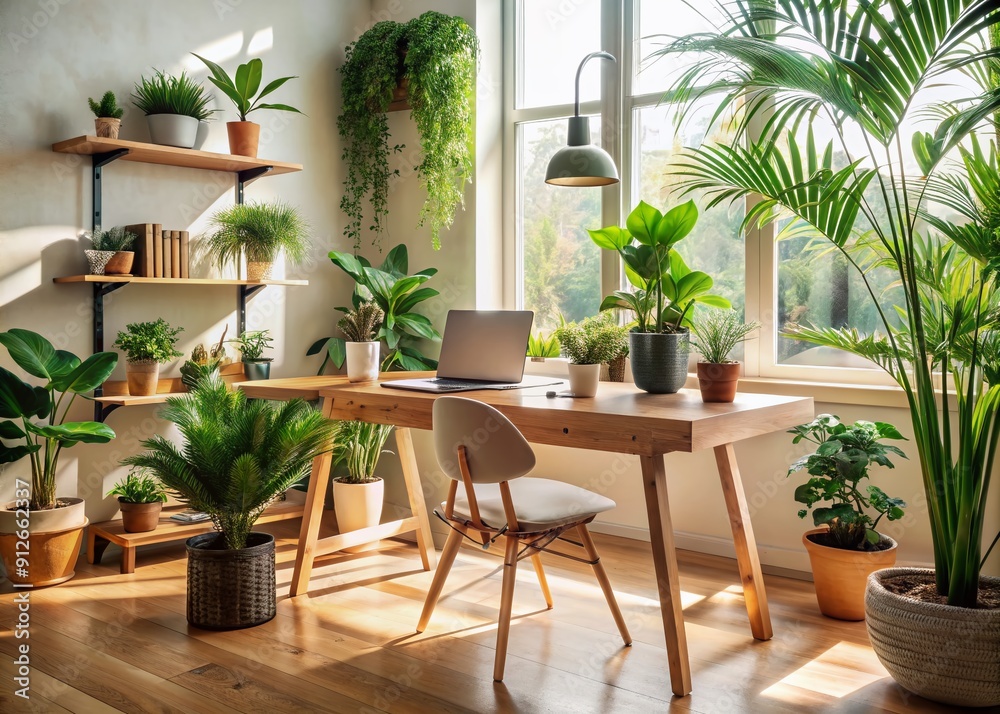 Fototapeta premium Serene workspace bathed in natural light, adorned with lush green plants, where aaptop sits open, awaiting inspiration, surrounded by minimalistic decor and warm wooden accents.