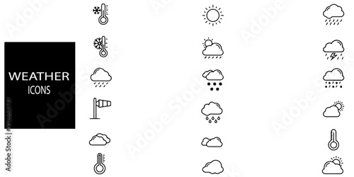 Weather simple concept 18 icons set. Contains such Sunny, Cloudy, Rainy, Snowy, Temperature .Vector illustration.