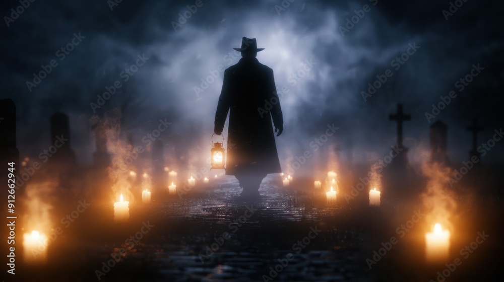A ghostly man with a lantern, navigating through the whispering shadows in the haunted forest A ghostly man with a lantern, navigating through the whispering shadows in the haunted forest