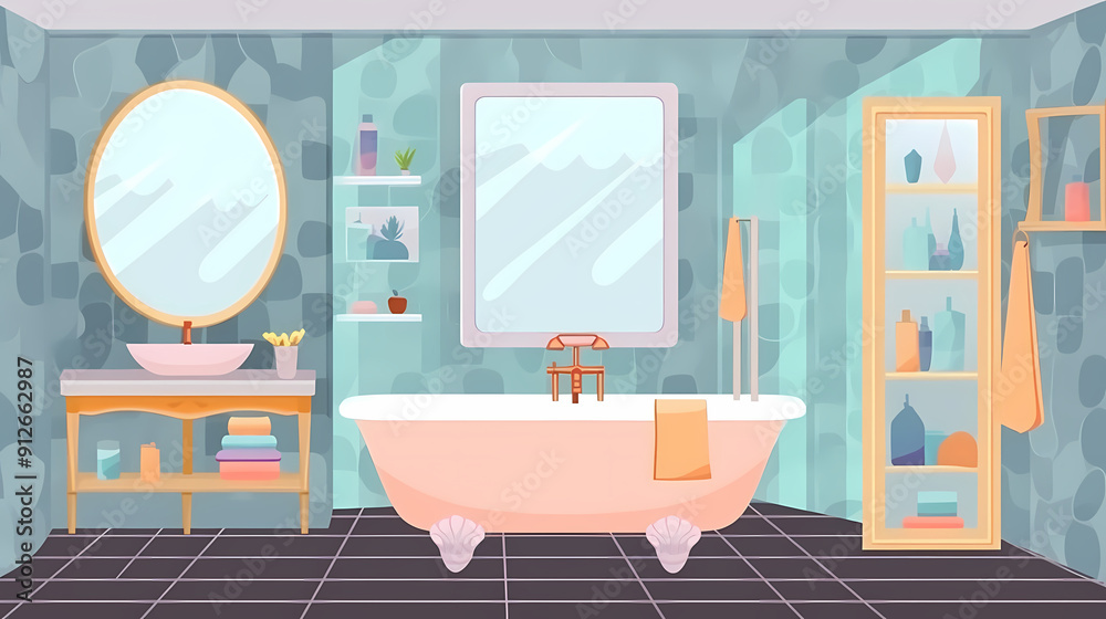 Bath room interior with bathtub and toilet bowl, cabinets and mirrors, cleaning products, and towels. Cartoon vector shower space with window and carpet on floor. Bath room interior with bathtub and toilet bowl, cabinets and mirrors, cleaning products, and towels. Cartoon vector shower space with window and carpet on floor.