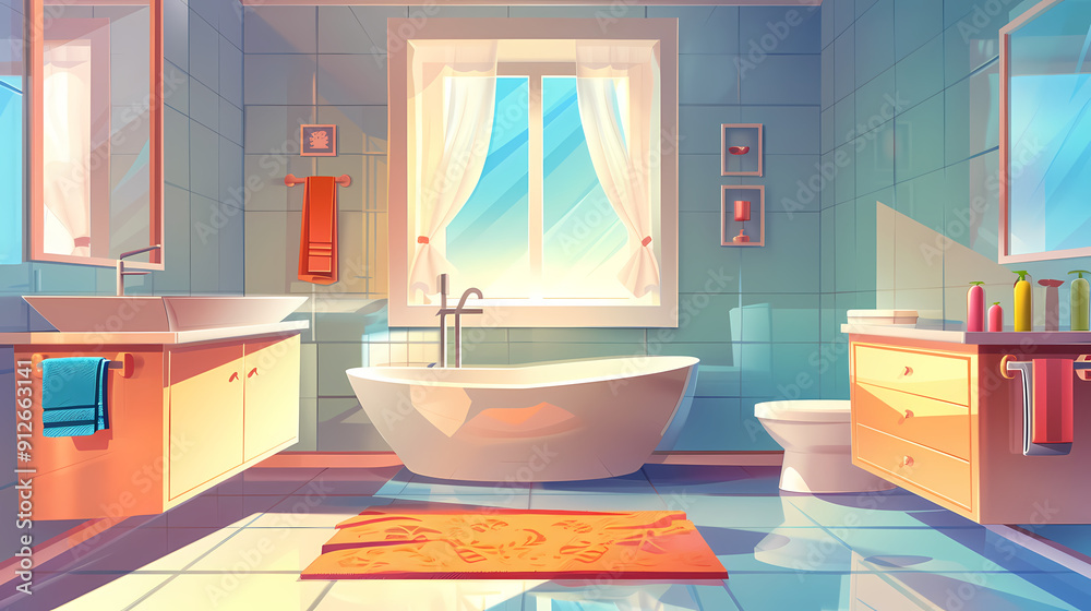 Bath room interior with bathtub and toilet bowl, cabinets and mirrors, cleaning products, and towels. Cartoon vector shower space with window and carpet on floor. Bath room interior with bathtub and toilet bowl, cabinets and mirrors, cleaning products, and towels. Cartoon vector shower space with window and carpet on floor.