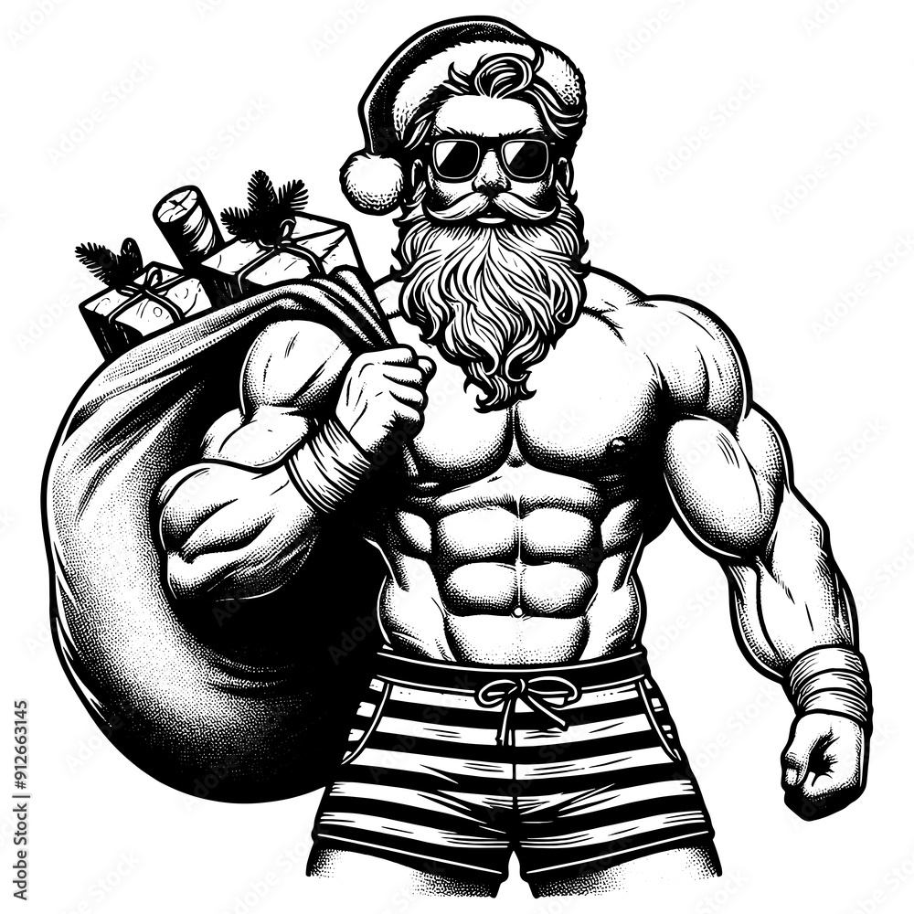 muscular Santa Claus sunglasses carrying sack of gifts, holiday cheer, cool twist sketch engraving generative ai fictional character PNG illustration. Scratch board imitation. Black and white image muscular Santa Claus sunglasses carrying sack of gifts, holiday cheer, cool twist sketch engraving generative ai fictional character PNG illustration. Scratch board imitation. Black and white image