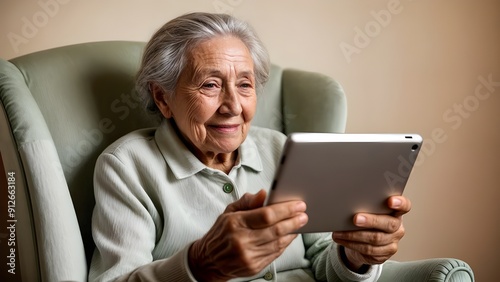senior person with grey hair using tablet sitting in an armchair