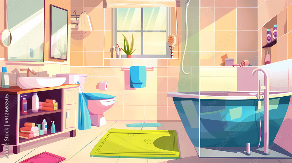 Bath room interior with bathtub and toilet bowl, cabinets and mirrors, cleaning products, and towels. Cartoon vector shower space with window and carpet on floor. Bath room interior with bathtub and toilet bowl, cabinets and mirrors, cleaning products, and towels. Cartoon vector shower space with window and carpet on floor.