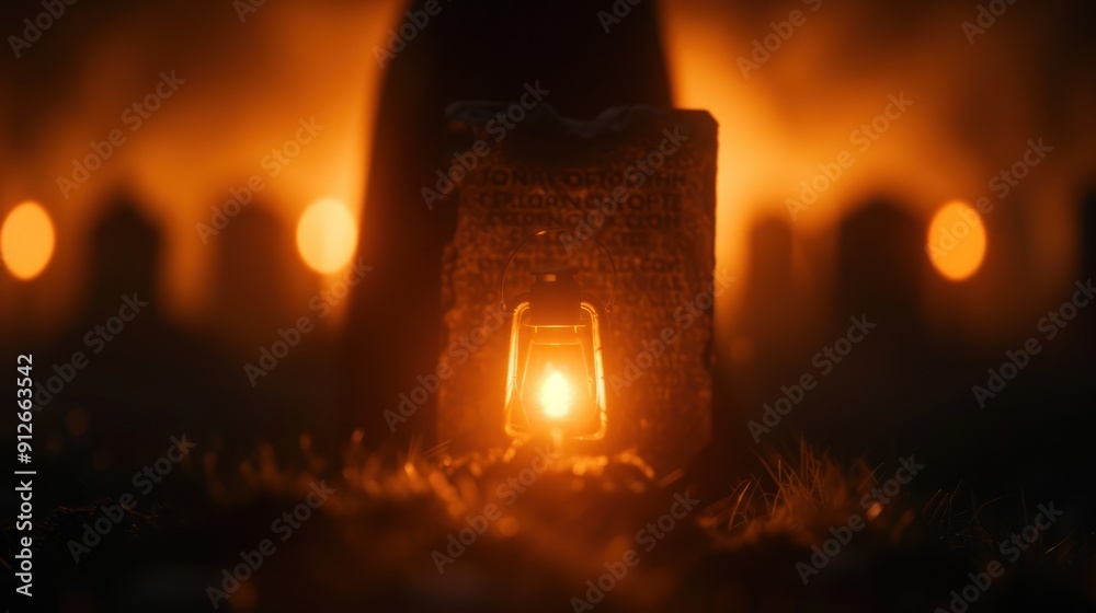 A ghostly man with a lantern, reading the inscriptions on cursed tombstones in the graveyard at night A ghostly man with a lantern, reading the inscriptions on cursed tombstones in the graveyard at night