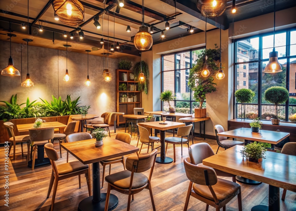 Cozy atmosphere of a modern cafe with empty chairs and tables, warm lighting, and subtle background noise, evoking feelings of social gathering and conversation. Cozy atmosphere of a modern cafe with empty chairs and tables, warm lighting, and subtle background noise, evoking feelings of social gathering and conversation.