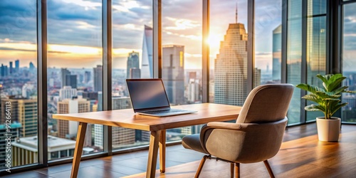 Modern urban coworking space with laptop and empty chair, blurred cityscape through window, symbolizing startup culture and remote work lifestyle for entrepreneurs. photo