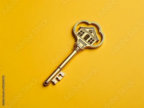 Gold house key on a yellow background.