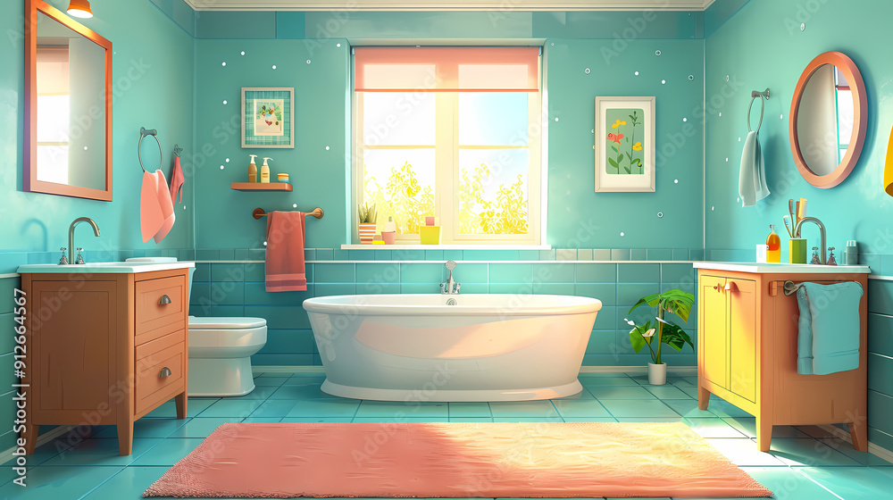 Bath room interior with bathtub and toilet bowl, cabinets and mirrors, cleaning products, and towels. Cartoon vector shower space with window and carpet on floor. Bath room interior with bathtub and toilet bowl, cabinets and mirrors, cleaning products, and towels. Cartoon vector shower space with window and carpet on floor.