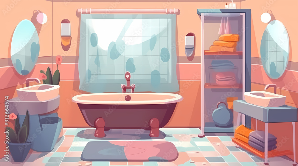 Bath room interior with bathtub and toilet bowl, cabinets and mirrors, cleaning products, and towels. Cartoon vector shower space with window and carpet on floor. Bath room interior with bathtub and toilet bowl, cabinets and mirrors, cleaning products, and towels. Cartoon vector shower space with window and carpet on floor.