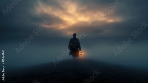 A ghostly man with a lantern, walking up the path to the haunted house on the hill at night
