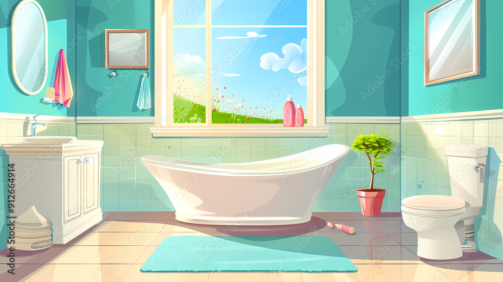 Bath room interior with bathtub and toilet bowl, cabinets and mirrors, cleaning products, and towels. Cartoon vector shower space with window and carpet on floor. Bath room interior with bathtub and toilet bowl, cabinets and mirrors, cleaning products, and towels. Cartoon vector shower space with window and carpet on floor.