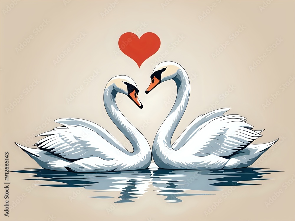 Fototapeta premium Two white swans swimming in a lake with a red heart above them.