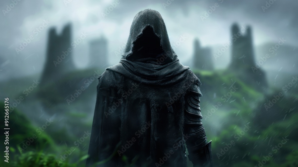 A ghostly warrior in ancient armor, haunting the overgrown ruins of a forgotten forest temple A ghostly warrior in ancient armor, haunting the overgrown ruins of a forgotten forest temple