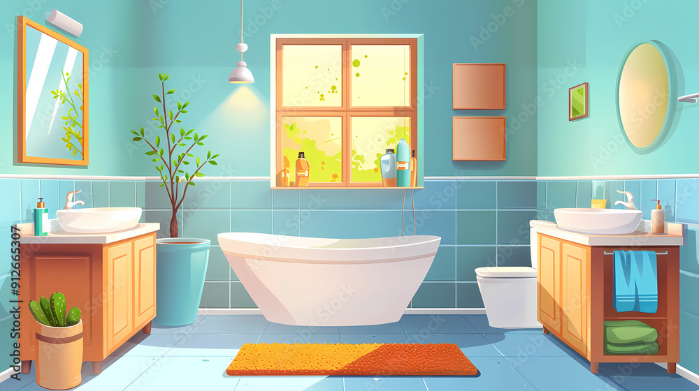 Bath room interior with bathtub and toilet bowl, cabinets and mirrors, cleaning products, and towels. Cartoon vector shower space with window and carpet on floor. Bath room interior with bathtub and toilet bowl, cabinets and mirrors, cleaning products, and towels. Cartoon vector shower space with window and carpet on floor.