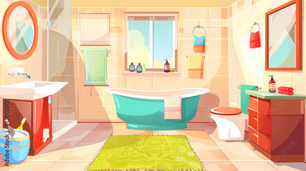 Bath room interior with bathtub and toilet bowl, cabinets and mirrors, cleaning products, and towels. Cartoon vector shower space with window and carpet on floor. Bath room interior with bathtub and toilet bowl, cabinets and mirrors, cleaning products, and towels. Cartoon vector shower space with window and carpet on floor.