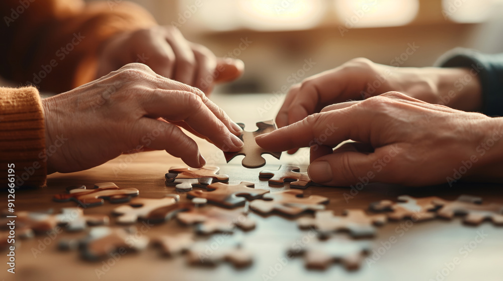 Close-up of hands assembling a jigsaw puzzle on a wooden table in a warm setting. Close-up of hands assembling a jigsaw puzzle on a wooden table in a warm setting.