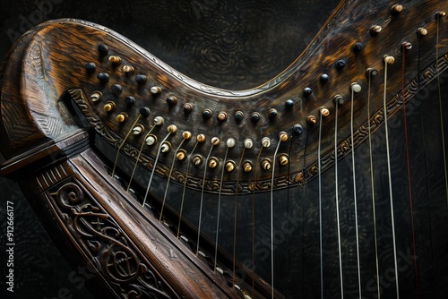 Beautiful old celtic harp made from dark wood with tuning pins and strings photo