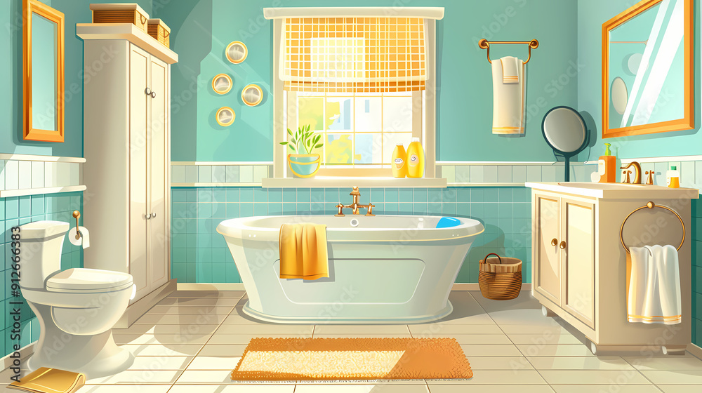 Bath room interior with bathtub and toilet bowl, cabinets and mirrors, cleaning products, and towels. Cartoon vector shower space with window and carpet on floor. Bath room interior with bathtub and toilet bowl, cabinets and mirrors, cleaning products, and towels. Cartoon vector shower space with window and carpet on floor.