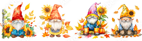 Set of Kawaii Gnome with sunflower and autumn leaves clipart isolated on transparent background.