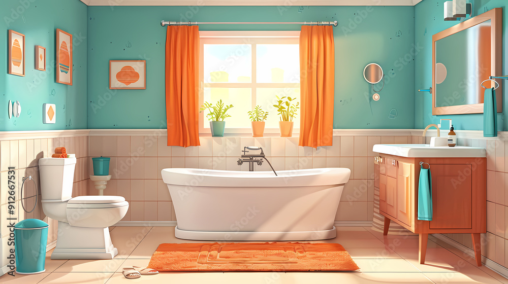 Bath room interior with bathtub and toilet bowl, cabinets and mirrors, cleaning products, and towels. Cartoon vector shower space with window and carpet on floor. Bath room interior with bathtub and toilet bowl, cabinets and mirrors, cleaning products, and towels. Cartoon vector shower space with window and carpet on floor.