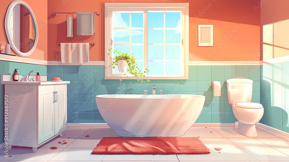Bath room interior with bathtub and toilet bowl, cabinets and mirrors, cleaning products, and towels. Cartoon vector shower space with window and carpet on floor. Bath room interior with bathtub and toilet bowl, cabinets and mirrors, cleaning products, and towels. Cartoon vector shower space with window and carpet on floor.