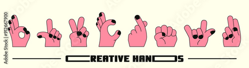 Set of human hands with different gestures in retro linear style. Vector illustration of large creative hands with thick fingers depicting attention, agreement, victory.