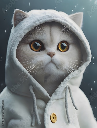 **White British Shorthair cat, wearing a white coat with a hood and big eyes, cute, hyper-realistic, photography, octane render.