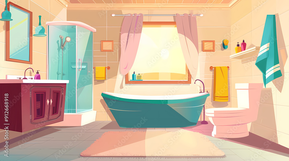 Fototapeta premium Bath room interior with bathtub and toilet bowl, cabinets and mirrors, cleaning products, and towels. Cartoon vector shower space with window and carpet on floor.
