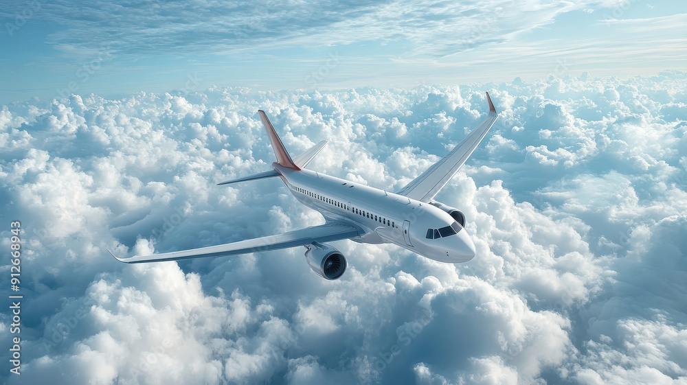 Obraz premium Whimsical depiction of airplane soaring through clouds with passengers enjoying view.