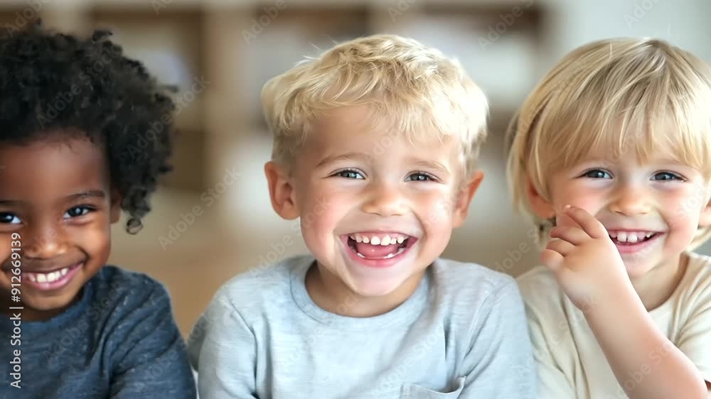 Diverse and Multiethnic Preschool Boys Standing in Daycare Room Interior, Smiling at the Camera - Toddler Male Children Playing Together, Group of Friends in Nursery, Education Diverse and Multiethnic Preschool Boys Standing in Daycare Room Interior, Smiling at the Camera - Toddler Male Children Playing Together, Group of Friends in Nursery, Education