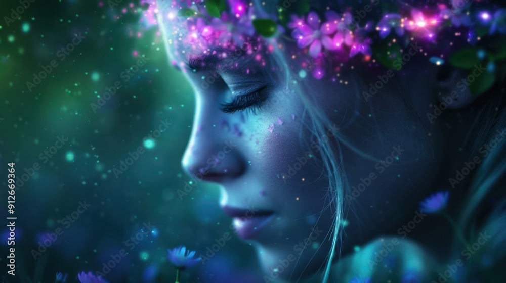 A ghostly woman with flowers in her hair, tending to a garden in the enchanted forest glade A ghostly woman with flowers in her hair, tending to a garden in the enchanted forest glade