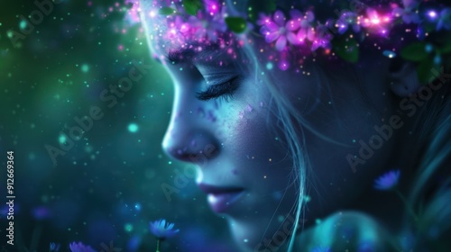 A ghostly woman with flowers in her hair, tending to a garden in the enchanted forest glade