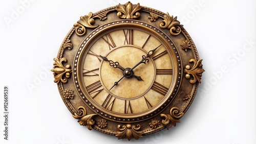 Retro antique clock face with roman numerals and ornate details, showcasing iconic time-telling design, isolated on a plain white background with subtle shadows. photo