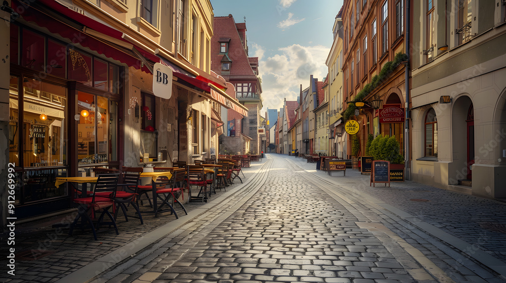 Historic European city street with cobblestones and cafes Historic European city street with cobblestones and cafes