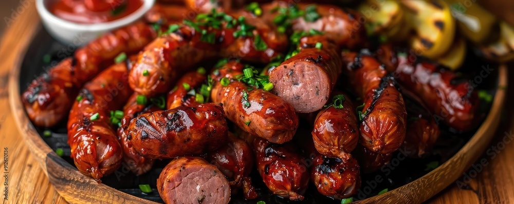 A delicious platter of grilled sausages garnished with herbs, served with a side of spicy dipping sauce and fresh lemon.