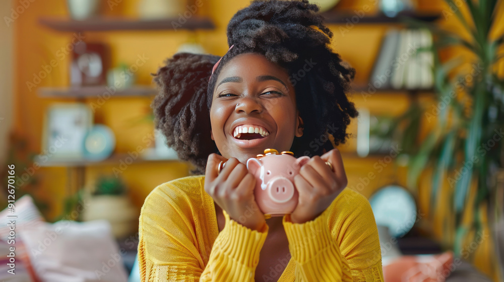 Young woman beaming with joy, adding coins to a piggy bank, celebrating her financial achievements Young woman beaming with joy, adding coins to a piggy bank, celebrating her financial achievements