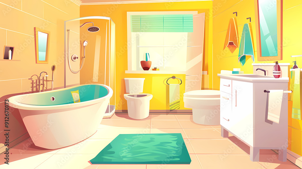 Bath room interior with bathtub and toilet bowl, cabinets and mirrors, cleaning products, and towels. Cartoon vector shower space with window and carpet on floor. Bath room interior with bathtub and toilet bowl, cabinets and mirrors, cleaning products, and towels. Cartoon vector shower space with window and carpet on floor.