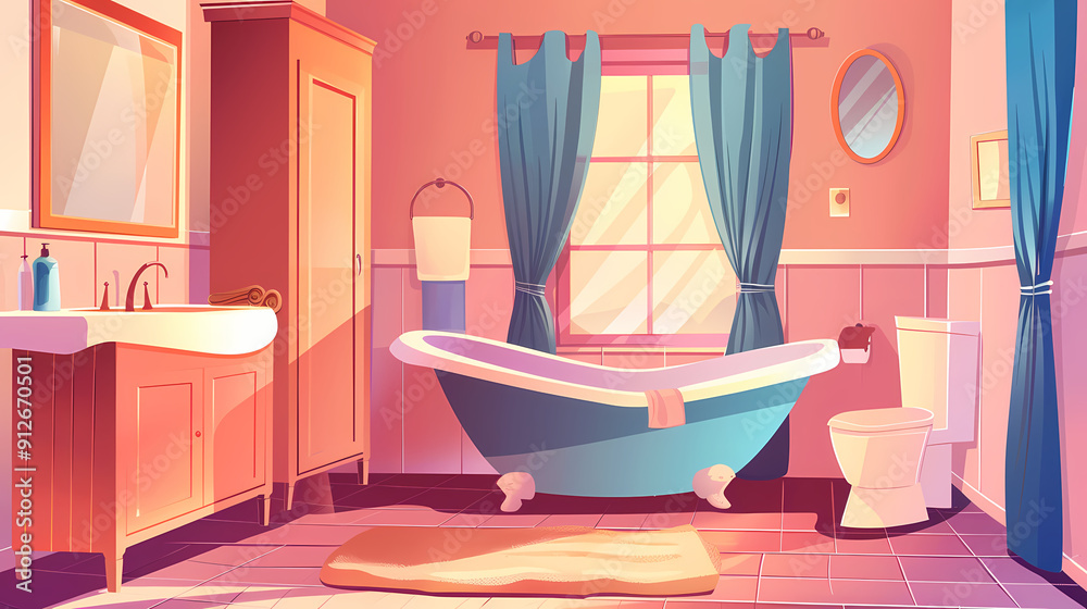 Obraz premium Bath room interior with bathtub and toilet bowl, cabinets and mirrors, cleaning products, and towels. Cartoon vector shower space with window and carpet on floor.