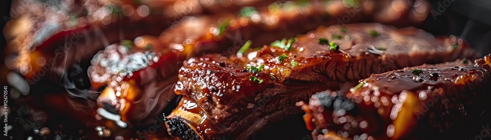 Succulent, juicy ribs glazed with a rich barbecue sauce, garnished with fresh herbs for an irresistible taste experience. Succulent, juicy ribs glazed with a rich barbecue sauce, garnished with fresh herbs for an irresistible taste experience.