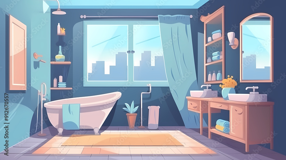Fototapeta premium Bath room interior with bathtub and toilet bowl, cabinets and mirrors, cleaning products, and towels. Cartoon vector shower space with window and carpet on floor.