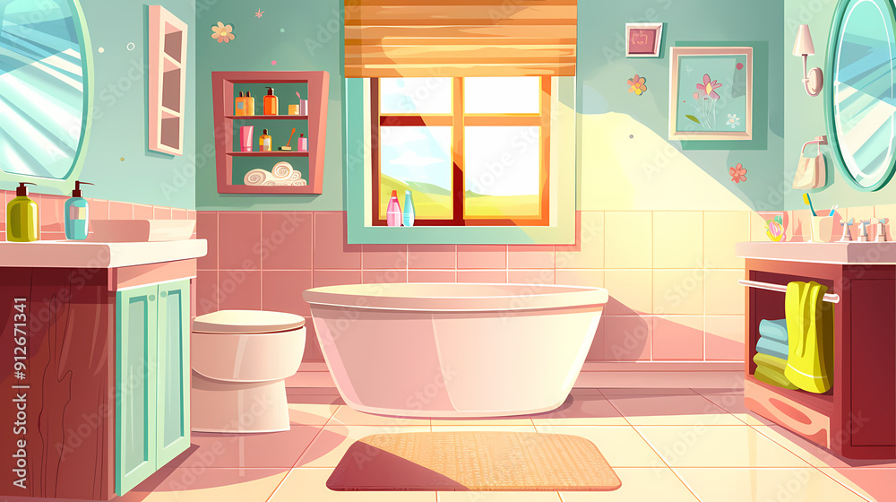 Bath room interior with bathtub and toilet bowl, cabinets and mirrors, cleaning products, and towels. Cartoon vector shower space with window and carpet on floor. Bath room interior with bathtub and toilet bowl, cabinets and mirrors, cleaning products, and towels. Cartoon vector shower space with window and carpet on floor.