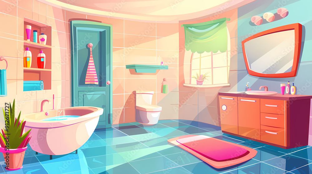 Bath room interior with bathtub and toilet bowl, cabinets and mirrors, cleaning products, and towels. Cartoon vector shower space with window and carpet on floor. Bath room interior with bathtub and toilet bowl, cabinets and mirrors, cleaning products, and towels. Cartoon vector shower space with window and carpet on floor.