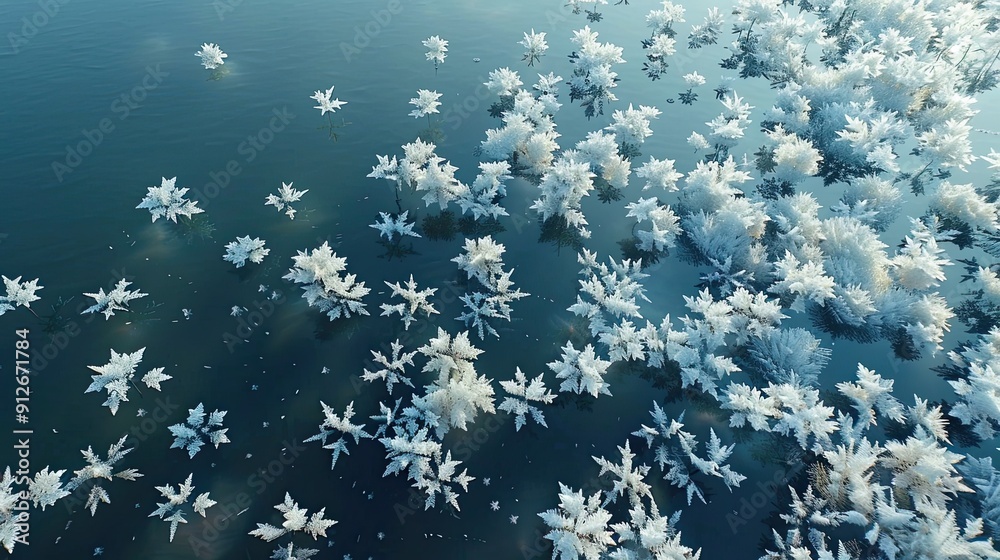 thousands of translucent frost flowers floating on the wide lake, clearly visible frost flowers, clear water, high definition aerial photography, unreal engine, realistic fantasy thousands of translucent frost flowers floating on the wide lake, clearly visible frost flowers, clear water, high definition aerial photography, unreal engine, realistic fantasy