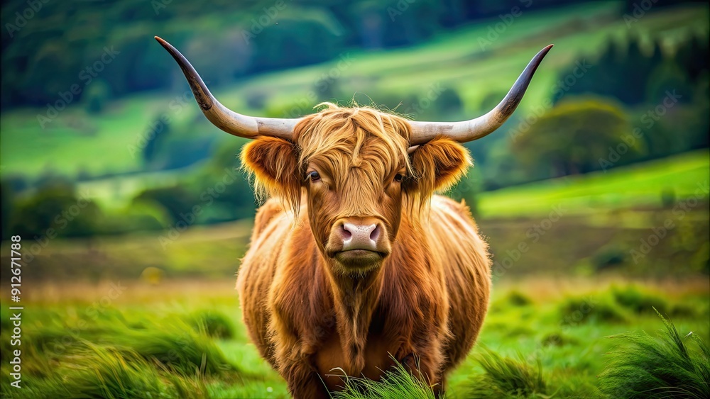 Highland cow with impressive horns standing in a lush green pasture, Highland cow, horns, animal, livestock, furry, Scottish Highland cow with impressive horns standing in a lush green pasture, Highland cow, horns, animal, livestock, furry, Scottish