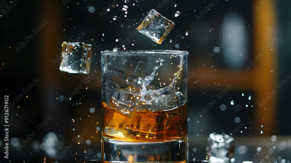 Ice cubes falling into a glass of whiskey. Ice cubes falling into a glass of whiskey.